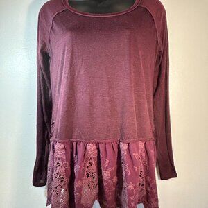 Xhileration Deep Burgundy Long Sleeves Boho Top with Lace and Tassels Size M